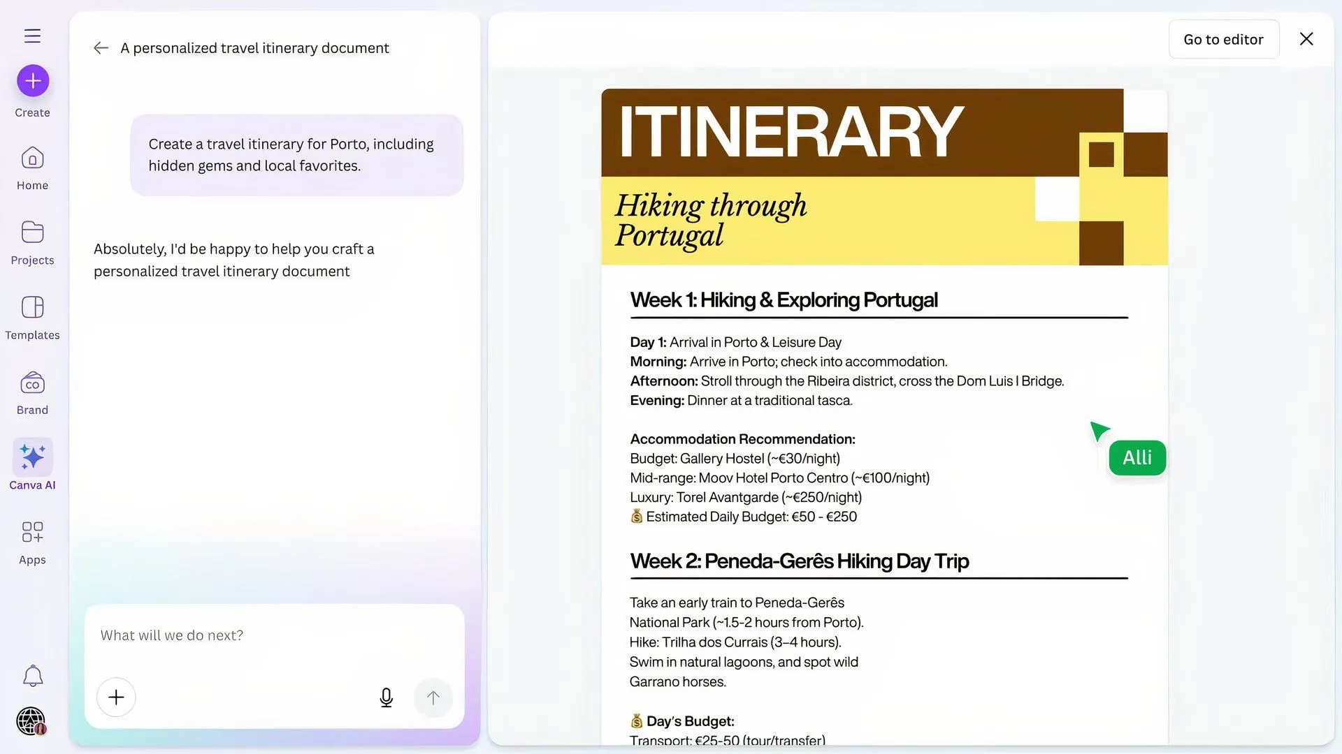 Ví dụ minh họa tính năng Draft a Doc mới của Canva AI