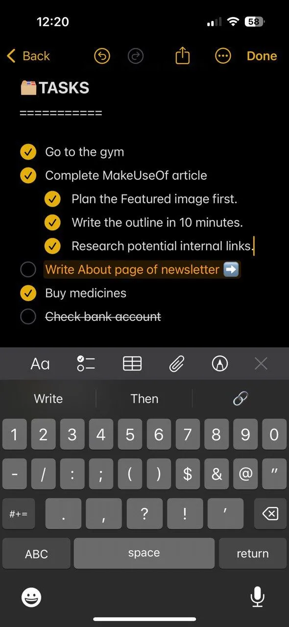 Ví dụ về cách ghi lại nhiệm vụ và suy nghĩ hàng ngày trong một trang Bullet Journal số hóa trên Apple Notes.
