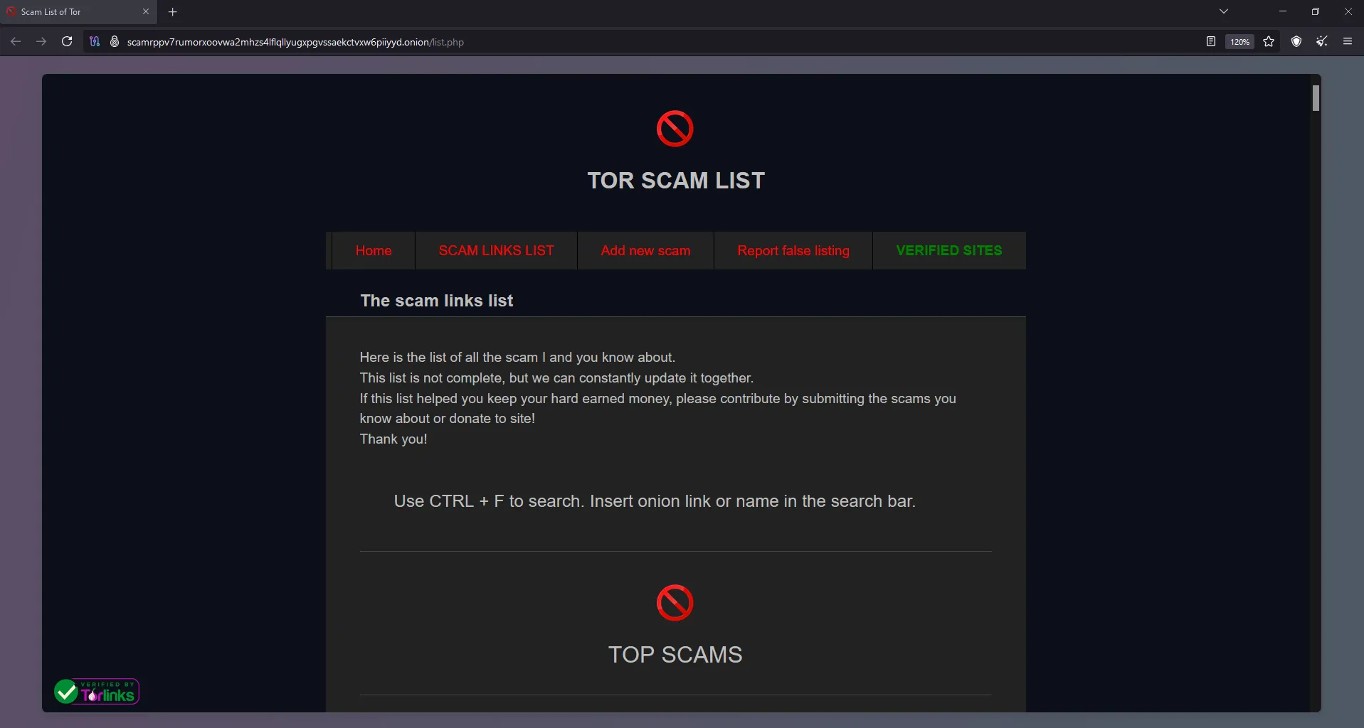 Ví dụ về một trang web cảnh báo lừa đảo trên Dark Web, giúp nhận diện rủi ro