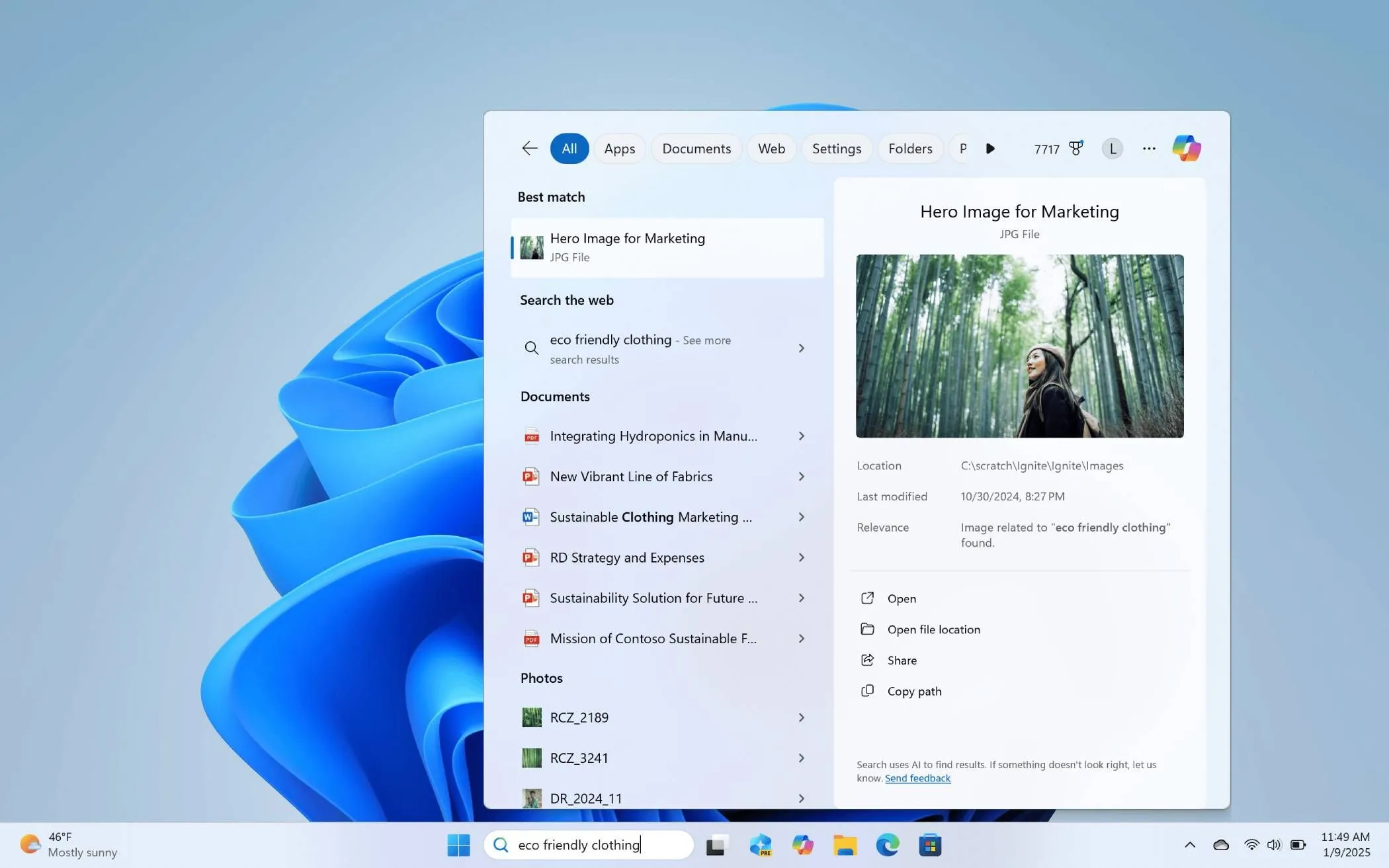 Ví dụ về tìm kiếm ngữ nghĩa trên Windows 11 cho từ khóa &quot;eco-friendly clothing&quot;