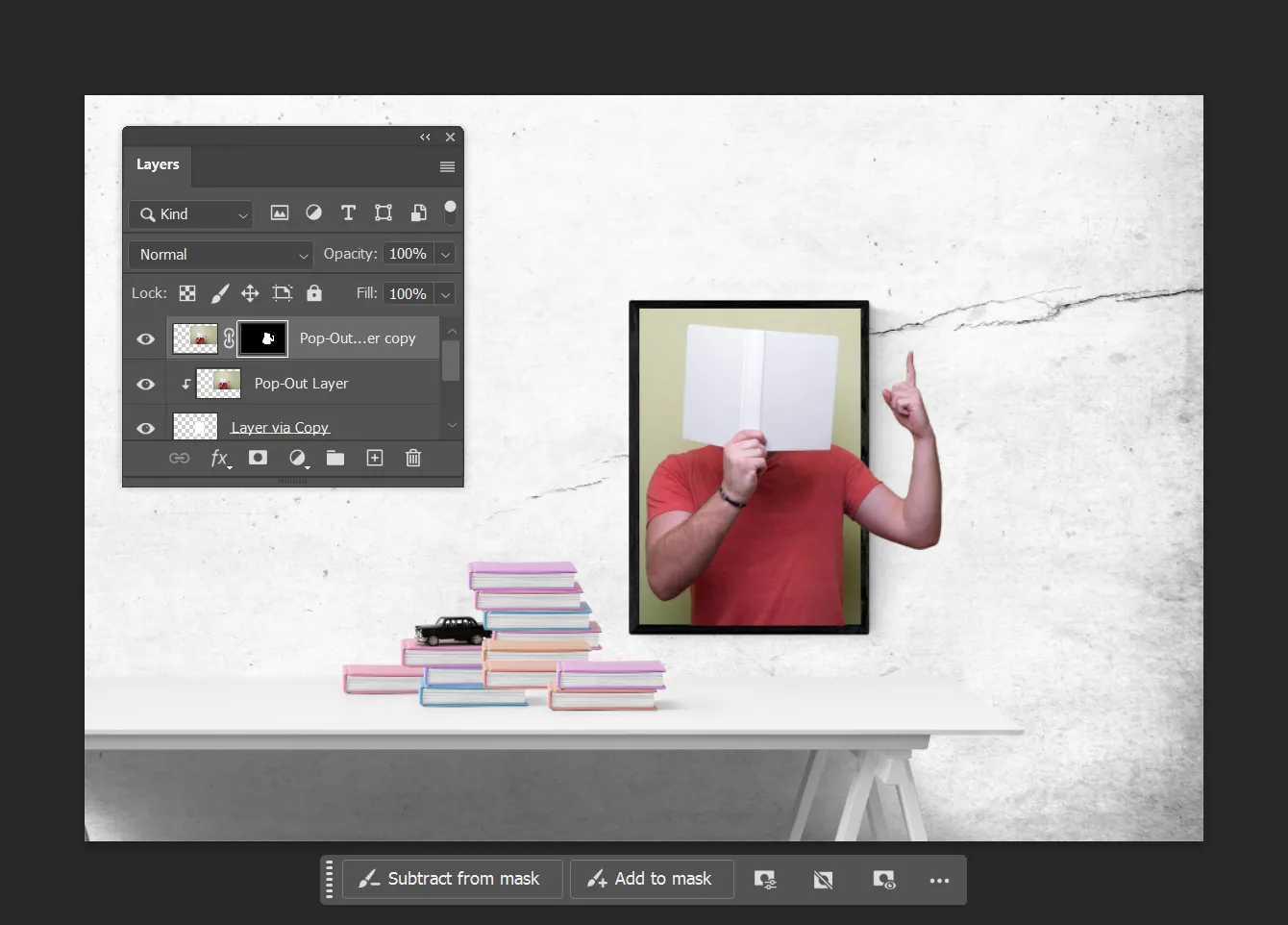 Ví dụ về việc sử dụng Layer Mask và Brush tool trong Photoshop để ẩn đi phần ảnh không mong muốn, tạo ra ảo ảnh 3D cho hiệu ứng pop-out