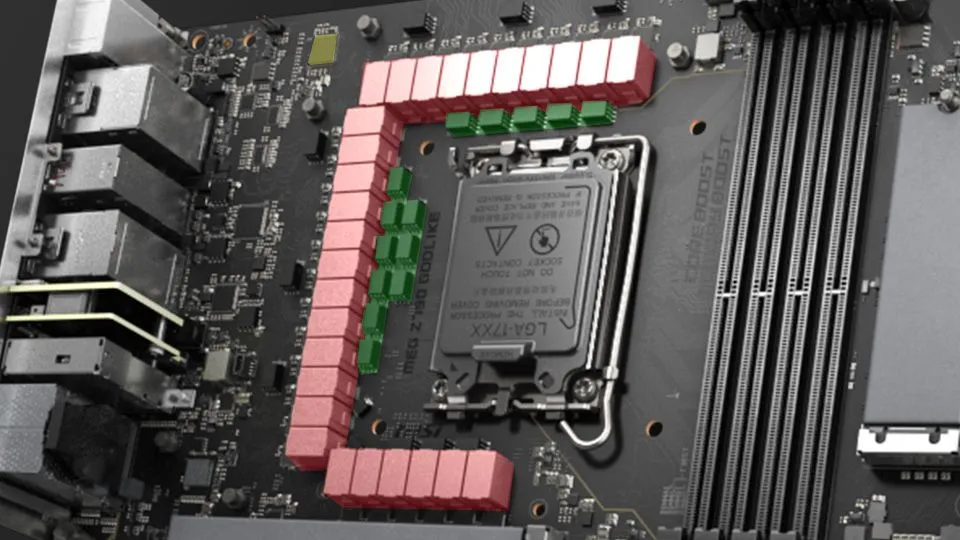 Vị trí các Module điều chỉnh điện áp (VRM) trên bo mạch chủ MSI MEG Z790, được đánh dấu đỏ.