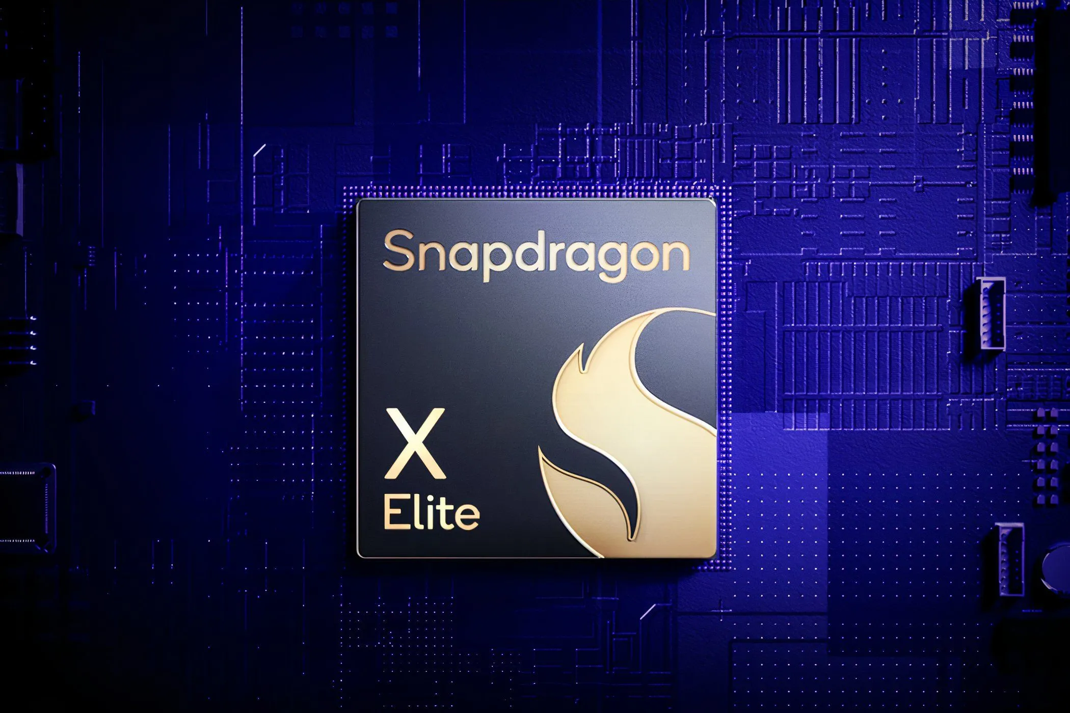 Vi xử lý Snapdragon X Elite trên nền tím, biểu tượng cho sức mạnh công nghệ