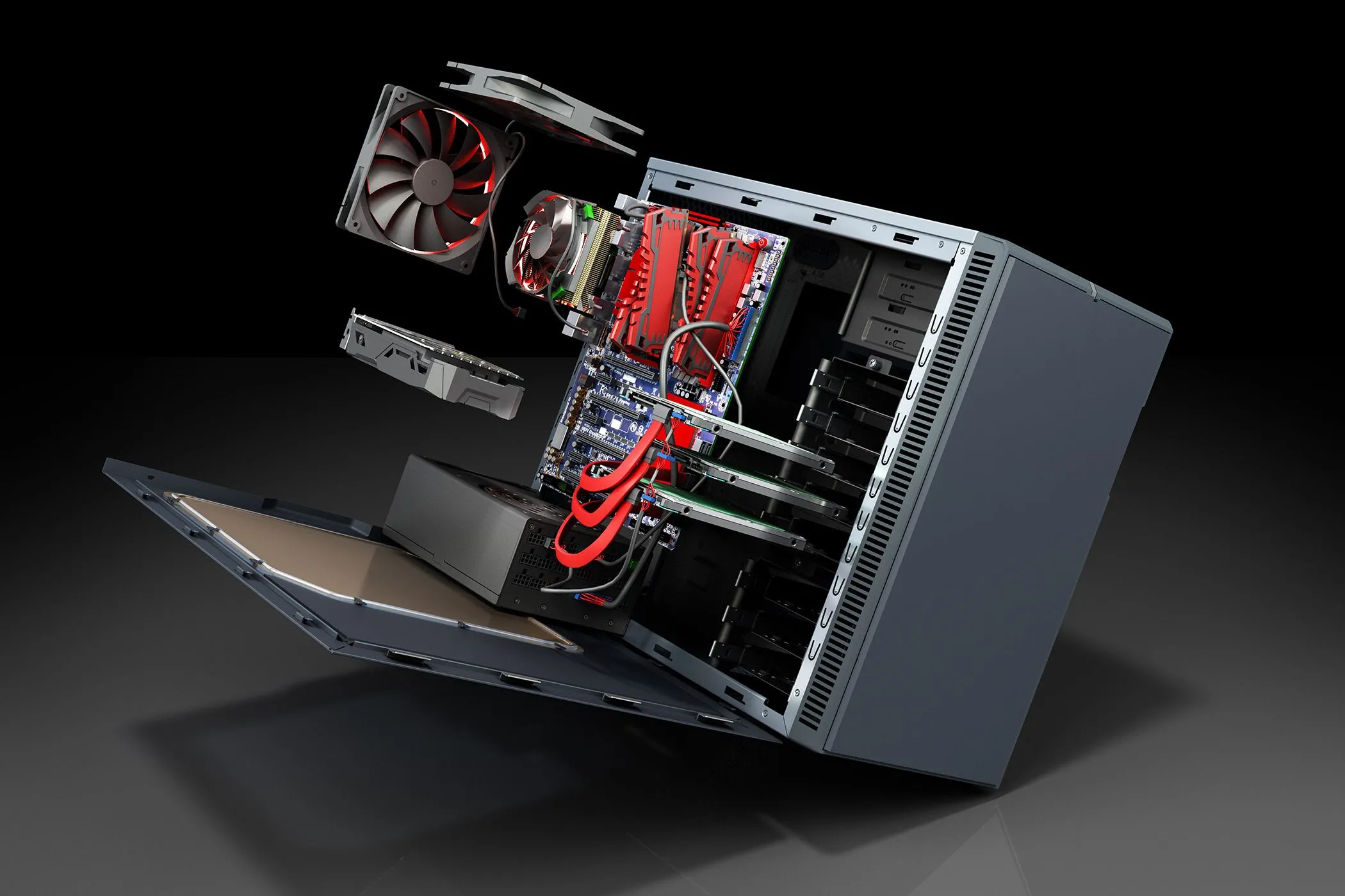 Vỏ máy tính PC mở với các linh kiện bên trong