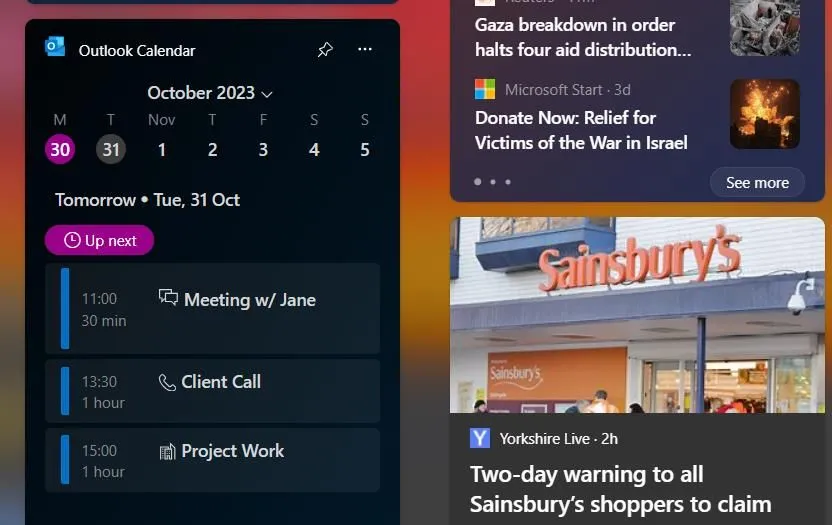 Widget Lịch Outlook trên Windows 11 hiển thị lịch trình và ngày lễ