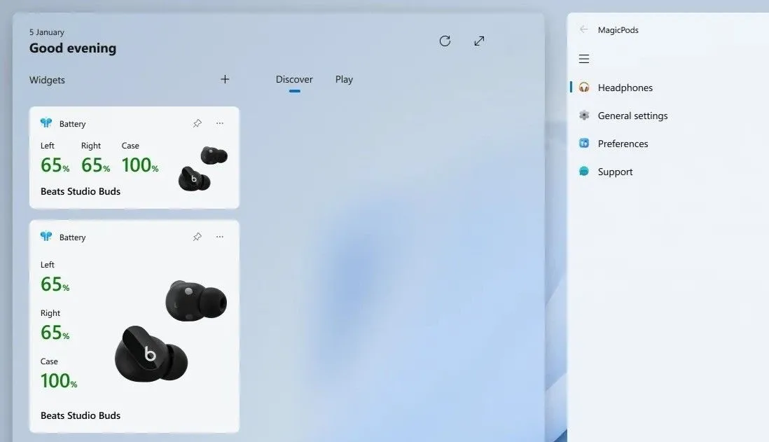Widget MagicPods trên Windows 11 hiển thị mức pin tai nghe Bluetooth