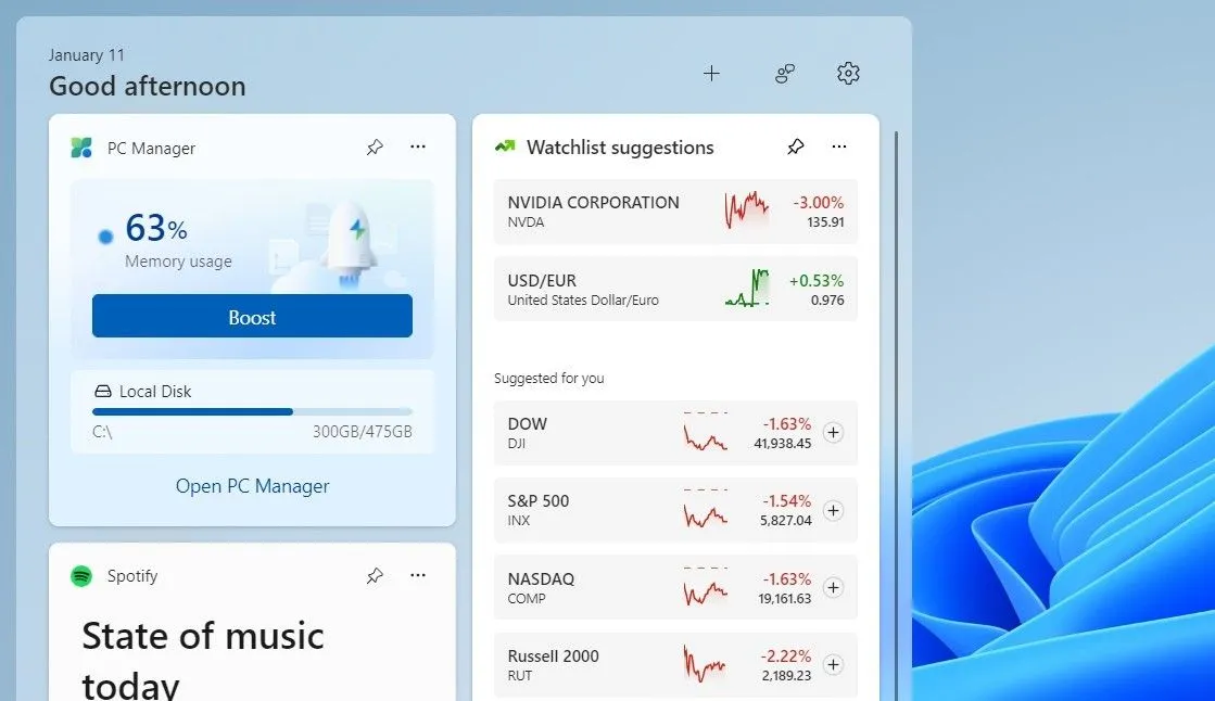 Widget PC Manager trên Windows 11 hiển thị tình trạng bộ nhớ và tính năng tăng tốc