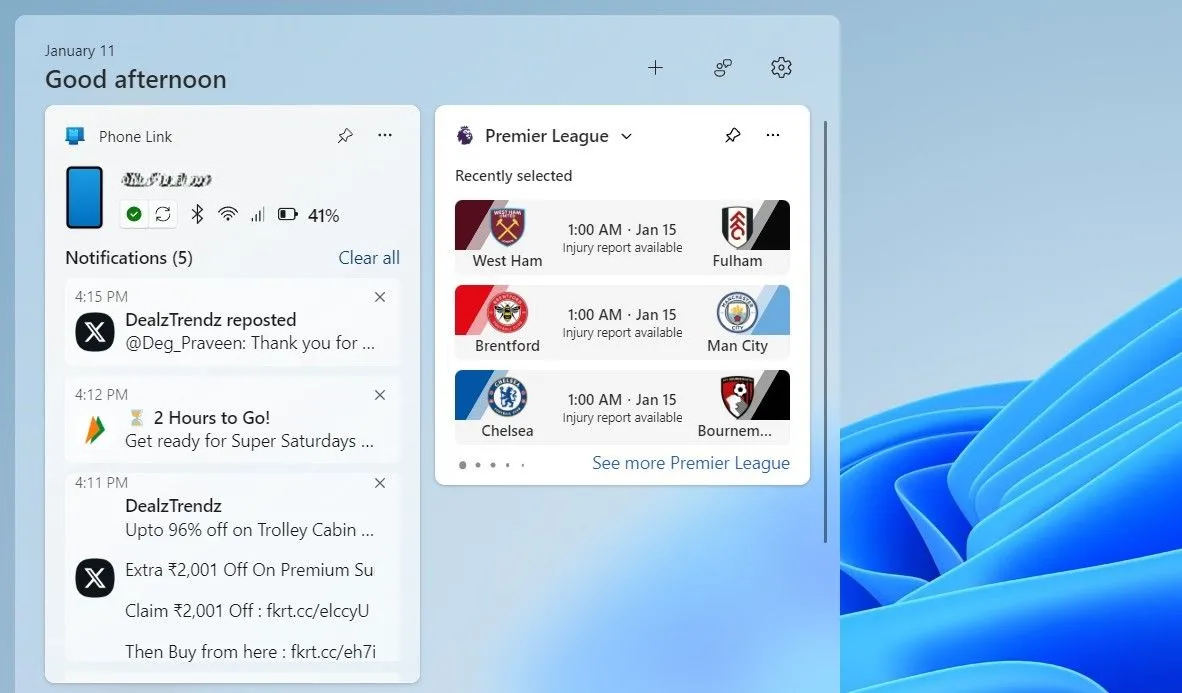 Widget Phone Link trên Windows 11 hiển thị thông báo và trạng thái pin điện thoại