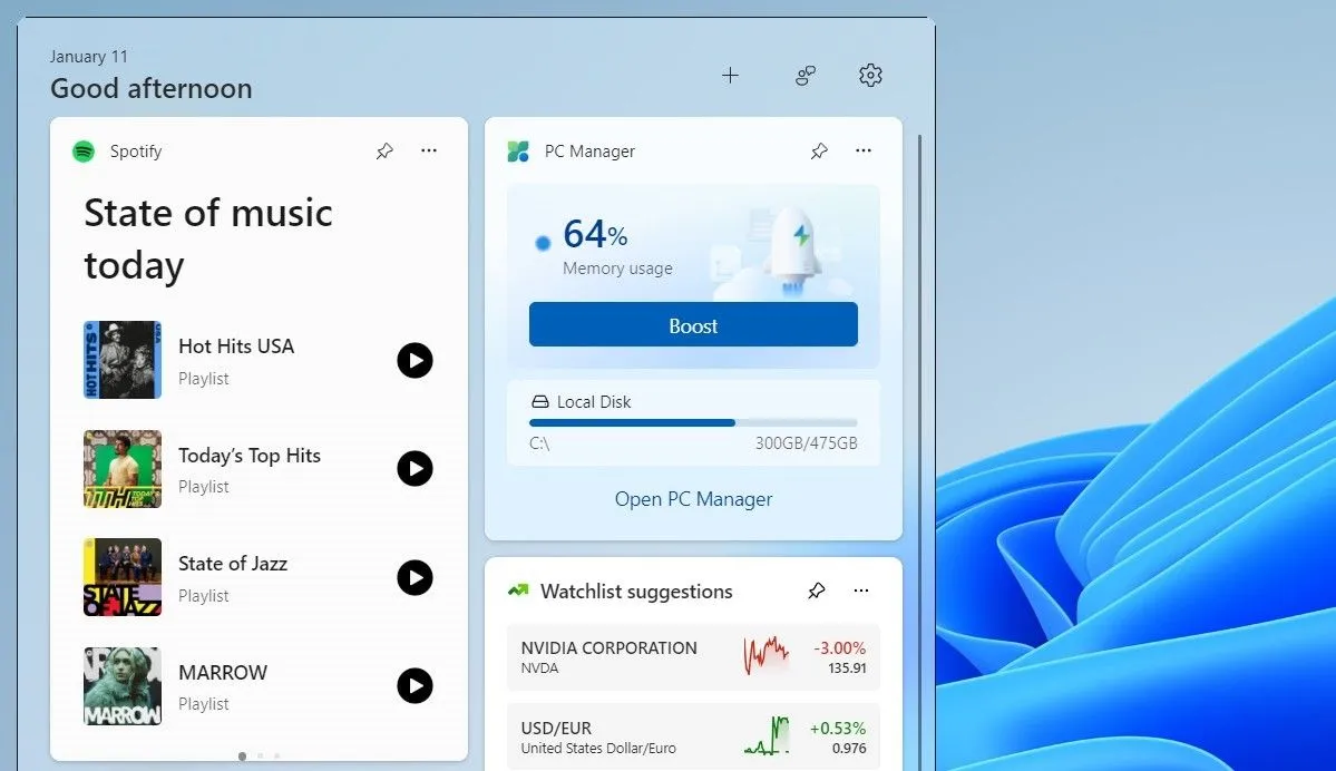 Widget Spotify trên Windows 11 cho phép điều khiển nhạc và chuyển playlist
