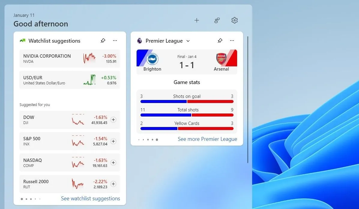 Widget Thể thao trên Windows 11 hiển thị tỷ số trận bóng đá cập nhật