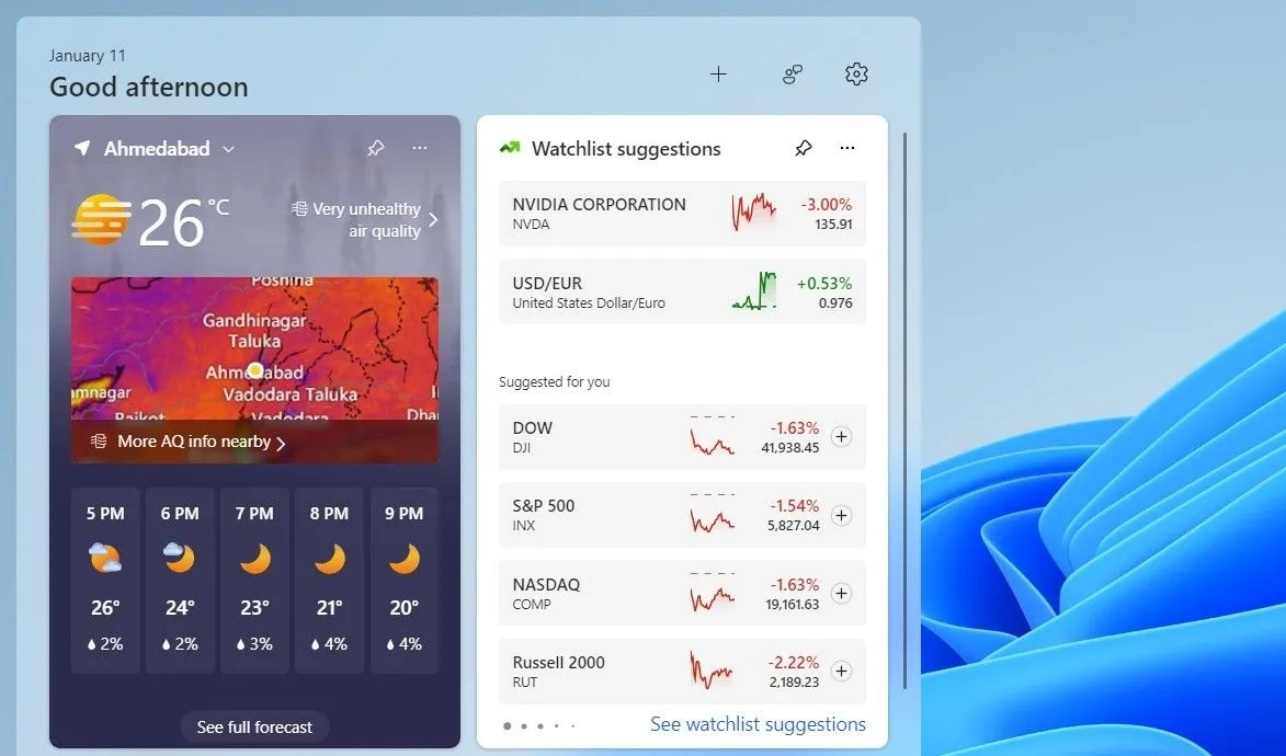 Widget thời tiết hiển thị thông tin dự báo trên Windows 11