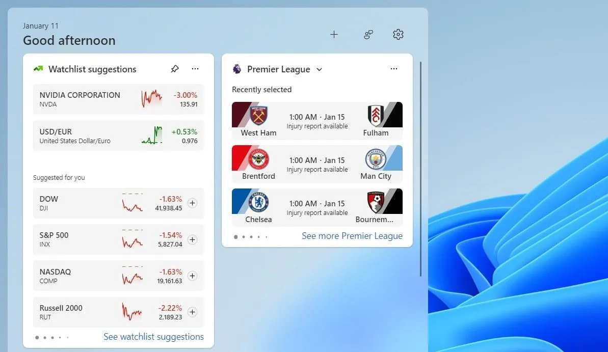 Widget Watchlist trên Windows 11 hiển thị biến động giá cổ phiếu và tiền tệ