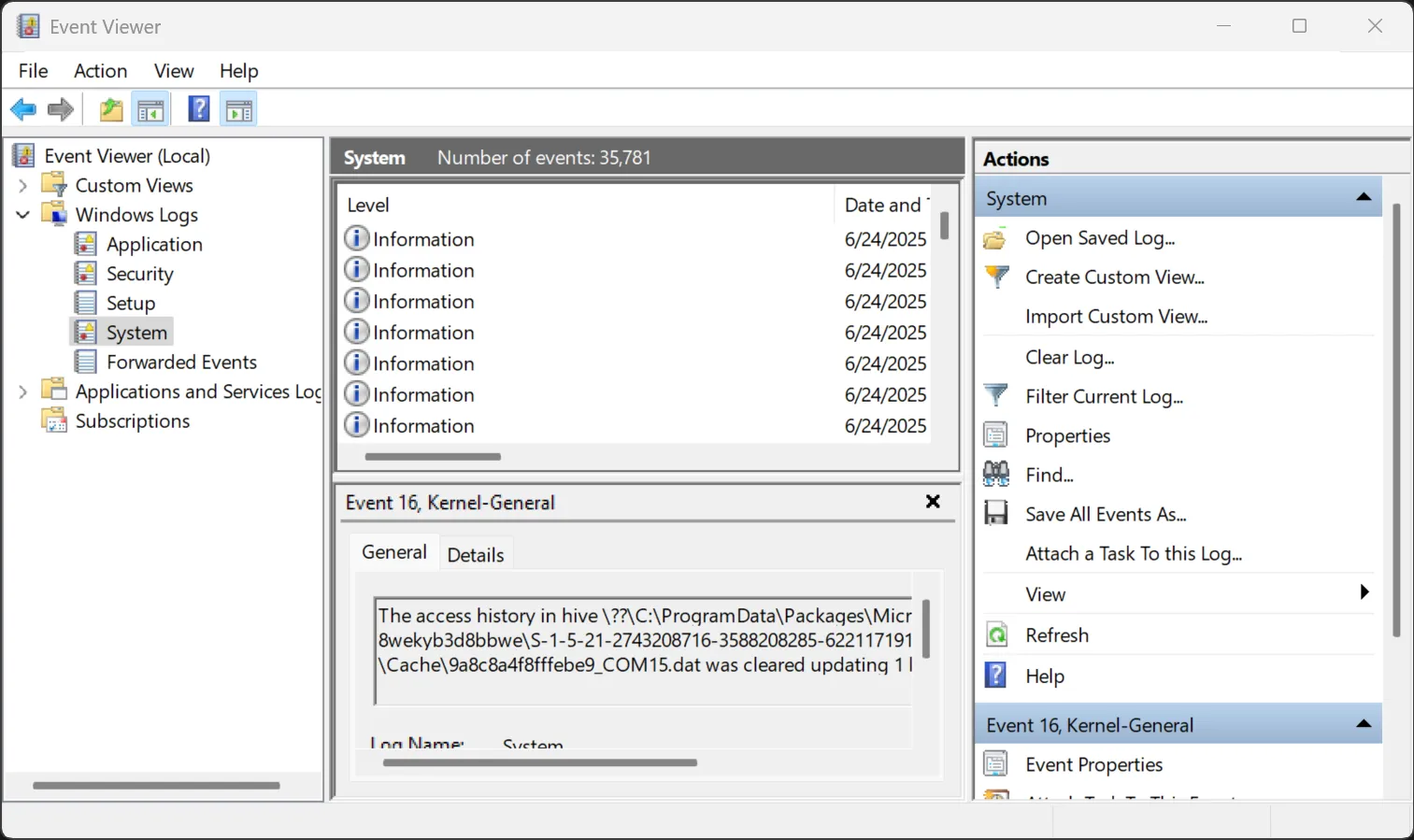 Windows Event Viever showing SMART attributes of drive in Windows system logs.