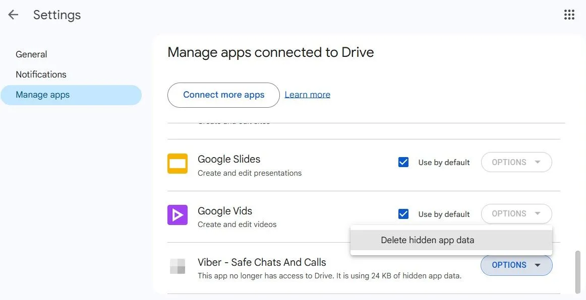 Xóa dữ liệu ẩn của ứng dụng và trò chơi trong Google Drive để giải phóng không gian